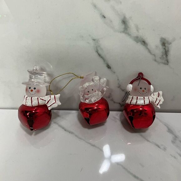 Set of 3 Glass Snowmen Jingle Bell Ornaments - Picture 1 of 1